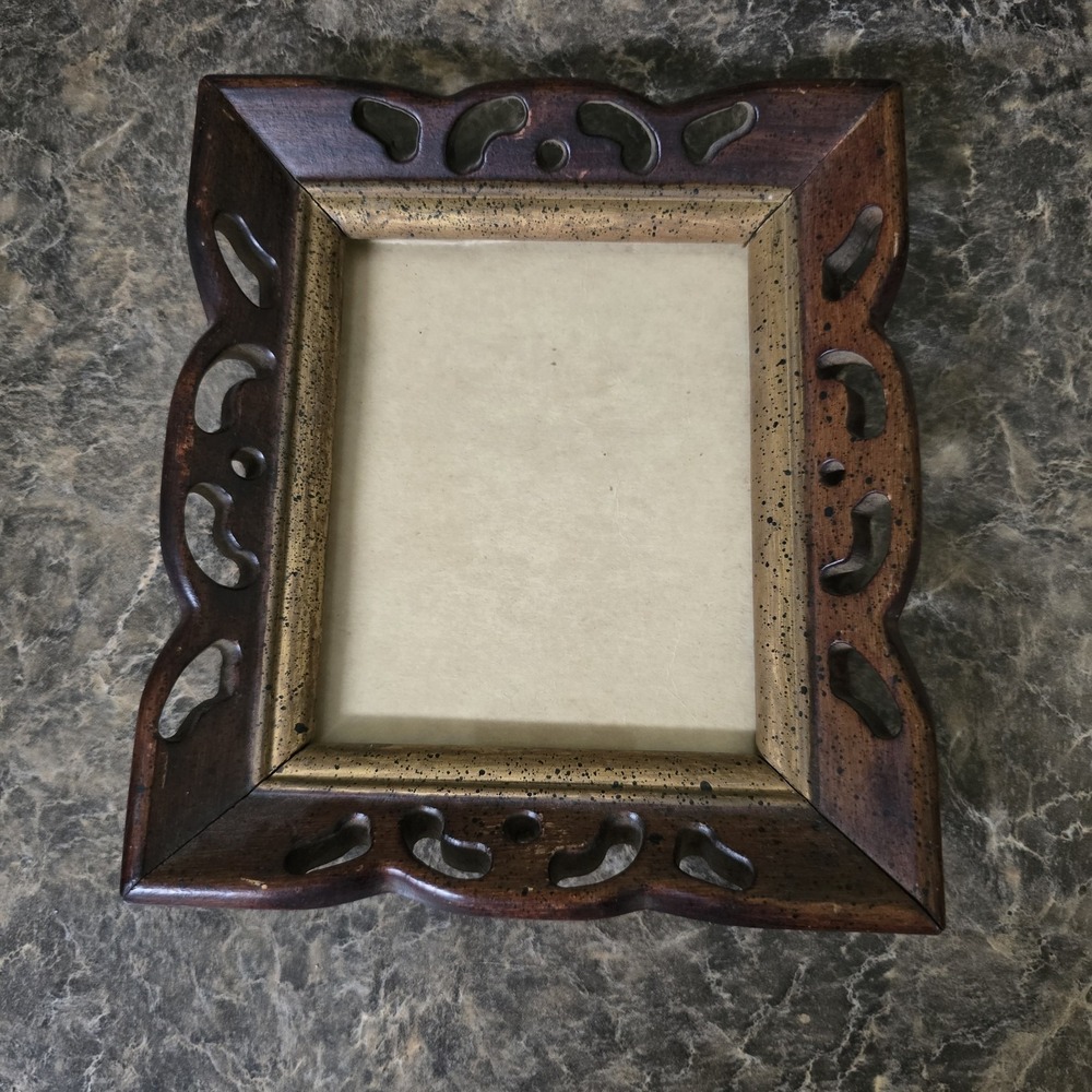 Vintage Carved Wood 4x6 Picture Frame Openwork Folk Art Rustic Brown